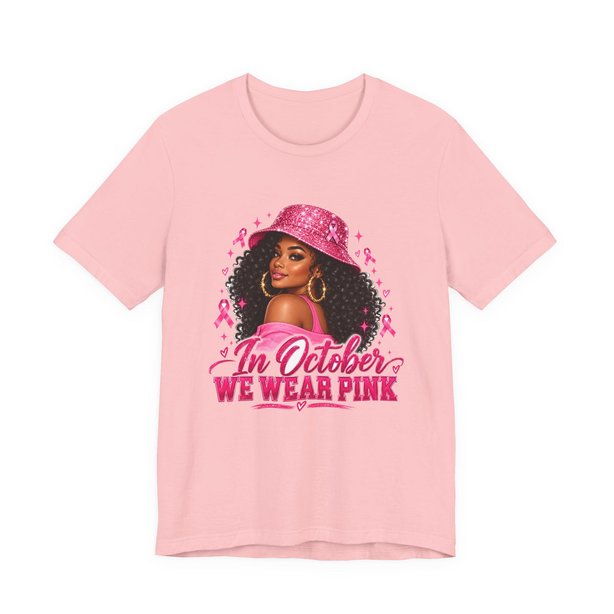 In October We Wear Pink Tee – Glam Pink Ribbon Breast Cancer Awareness Shirt