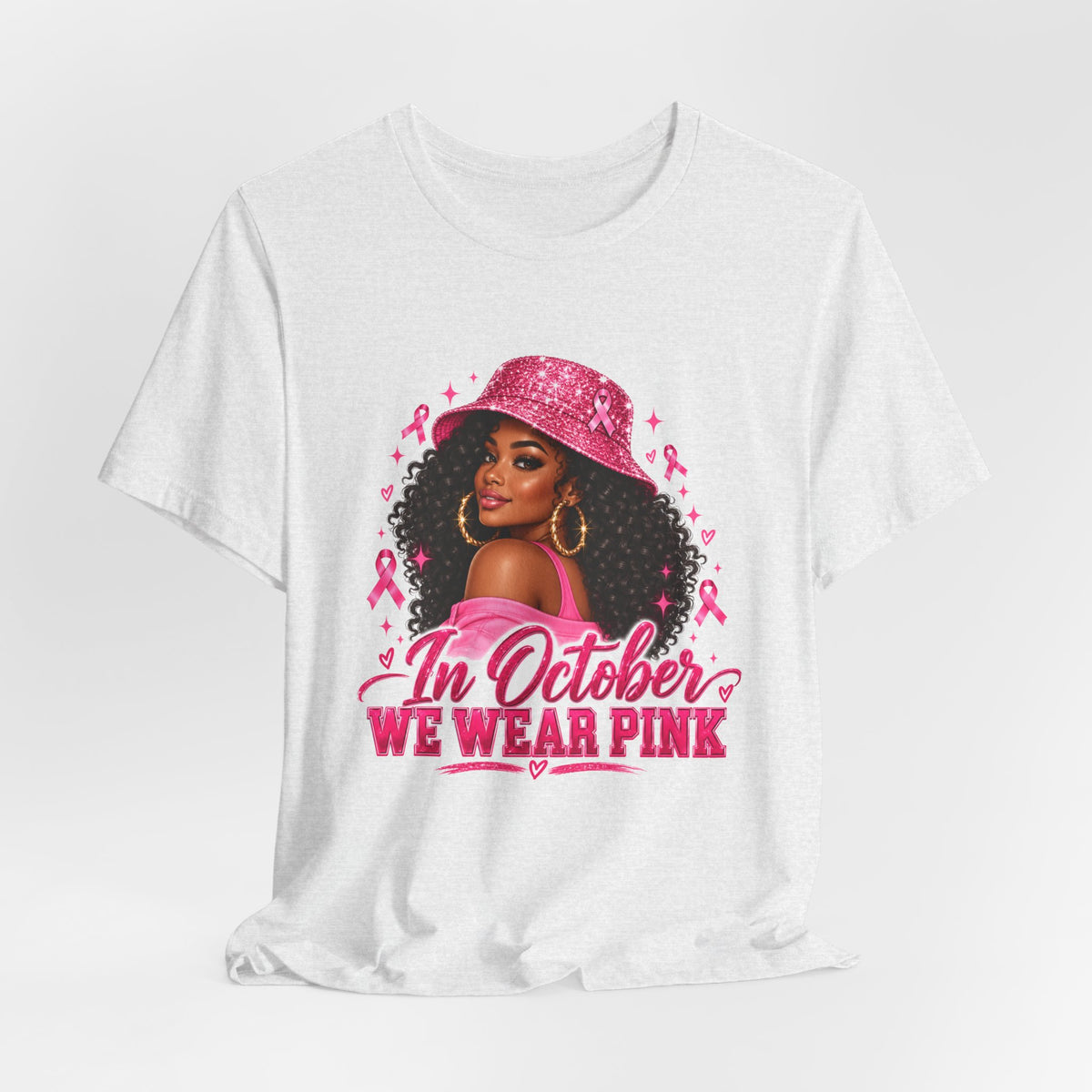 In October We Wear Pink Tee – Glam Pink Ribbon Breast Cancer Awareness Shirt