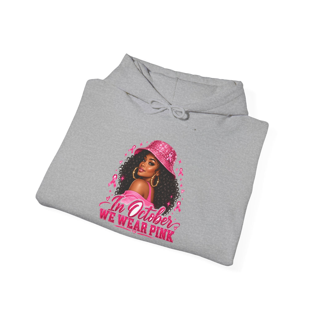 In October We Wear Pink Hoodie – Glam Pink Ribbon Breast Cancer Awareness Sweatshirt