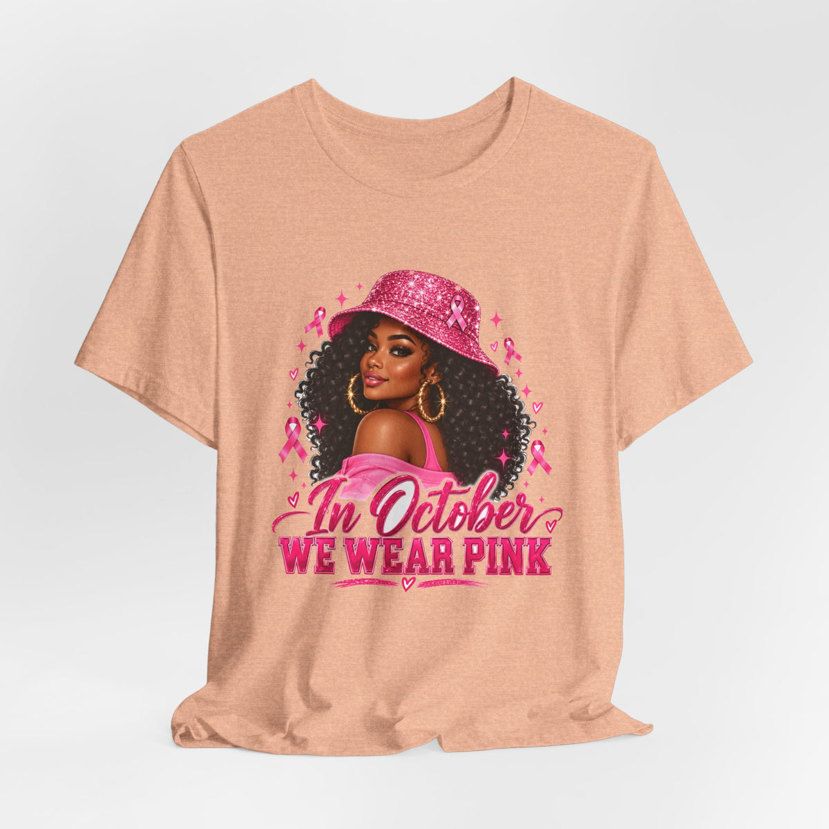 In October We Wear Pink Tee – Glam Pink Ribbon Breast Cancer Awareness Shirt