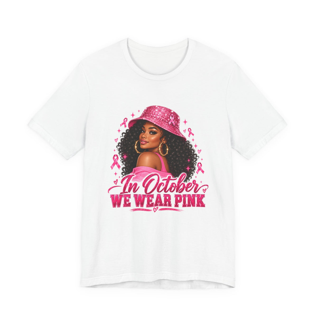 In October We Wear Pink Tee – Glam Pink Ribbon Breast Cancer Awareness Shirt