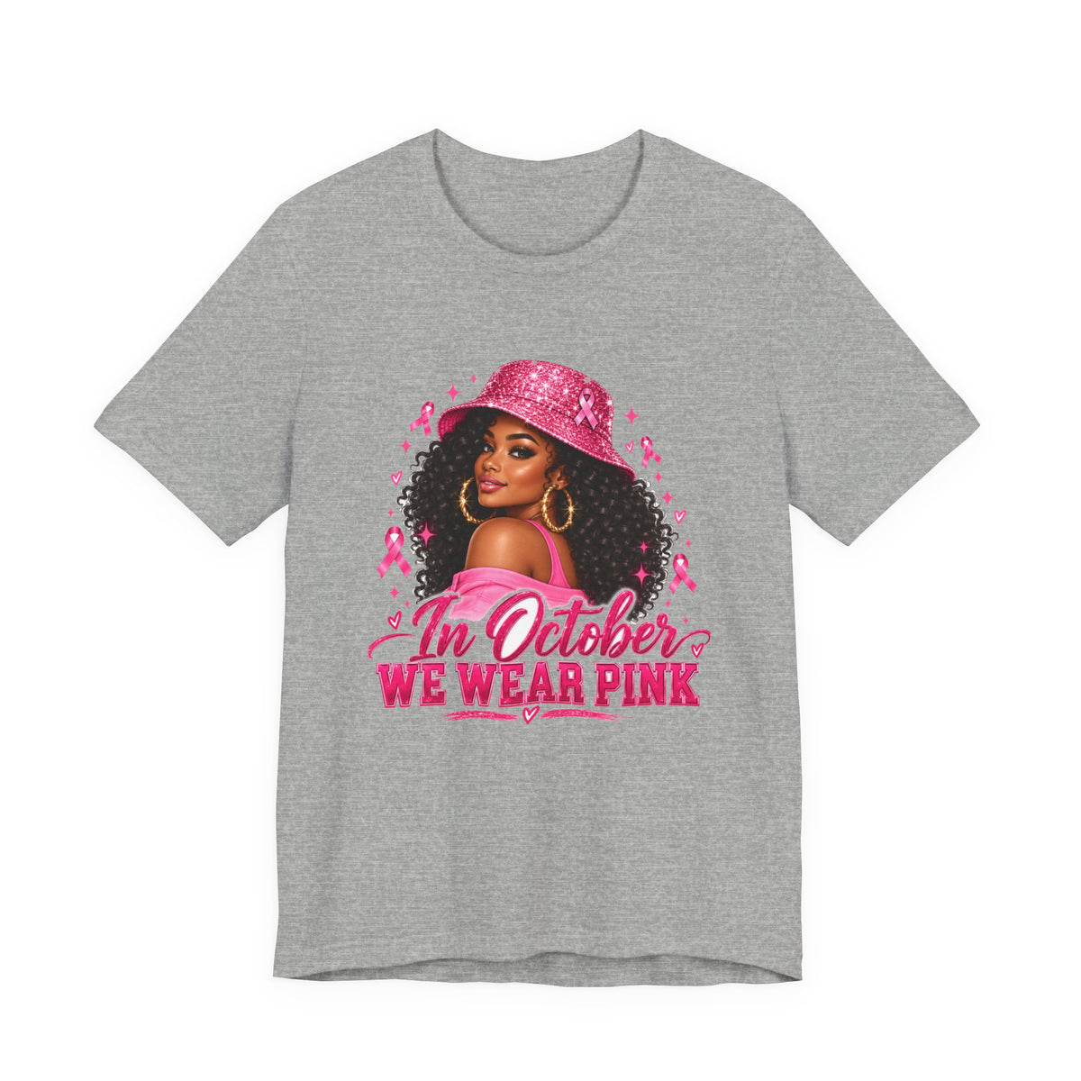 In October We Wear Pink Tee – Glam Pink Ribbon Breast Cancer Awareness Shirt