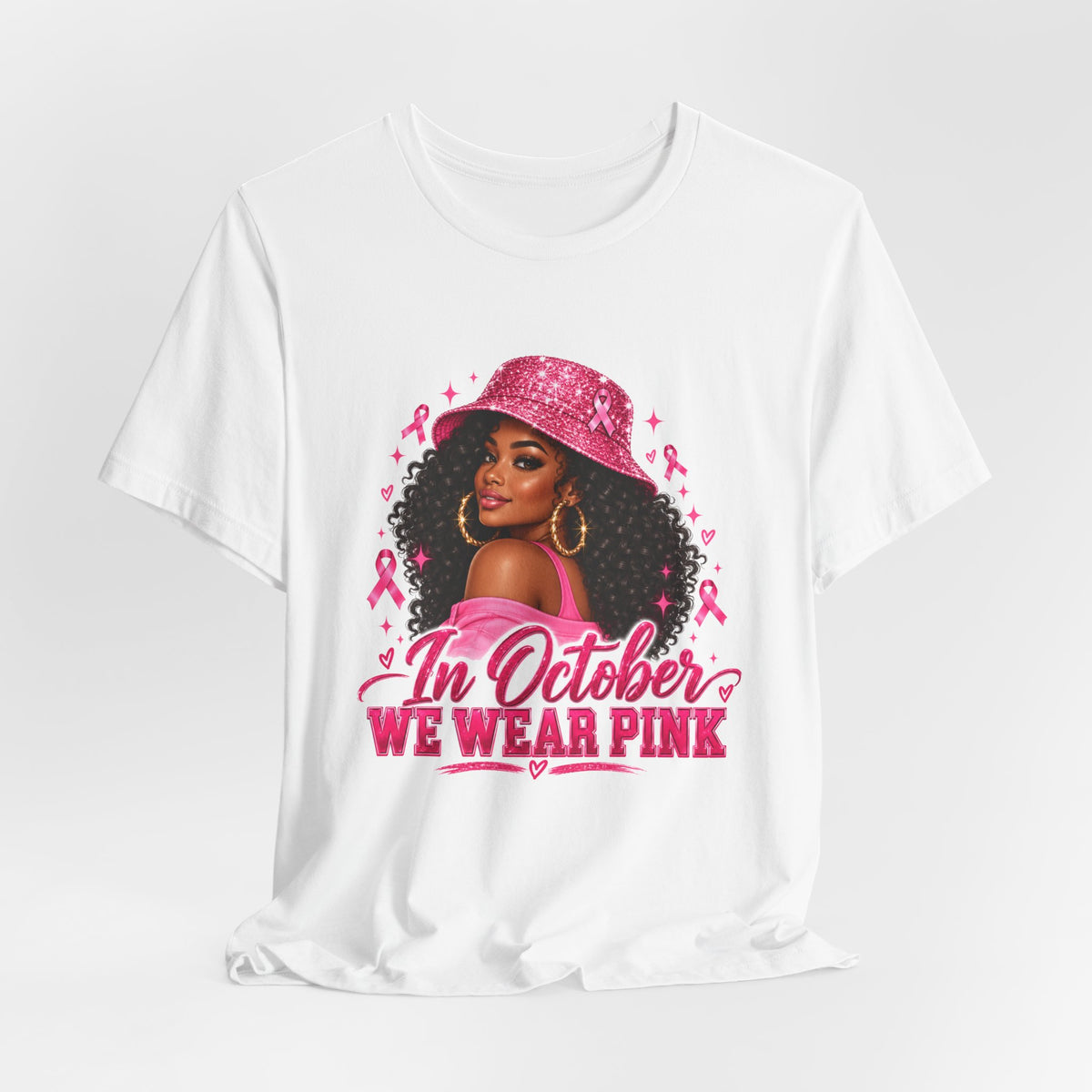 In October We Wear Pink Tee – Glam Pink Ribbon Breast Cancer Awareness Shirt