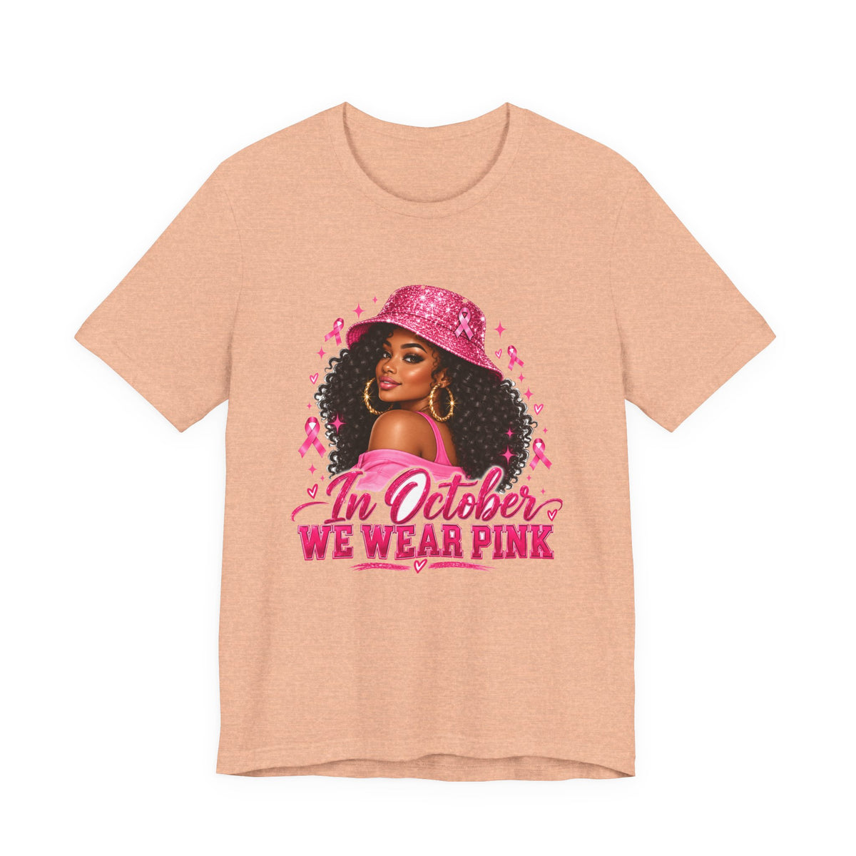 In October We Wear Pink Tee – Glam Pink Ribbon Breast Cancer Awareness Shirt