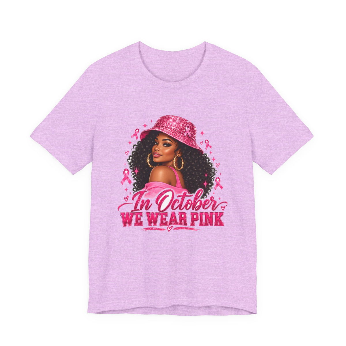 In October We Wear Pink Tee – Glam Pink Ribbon Breast Cancer Awareness Shirt