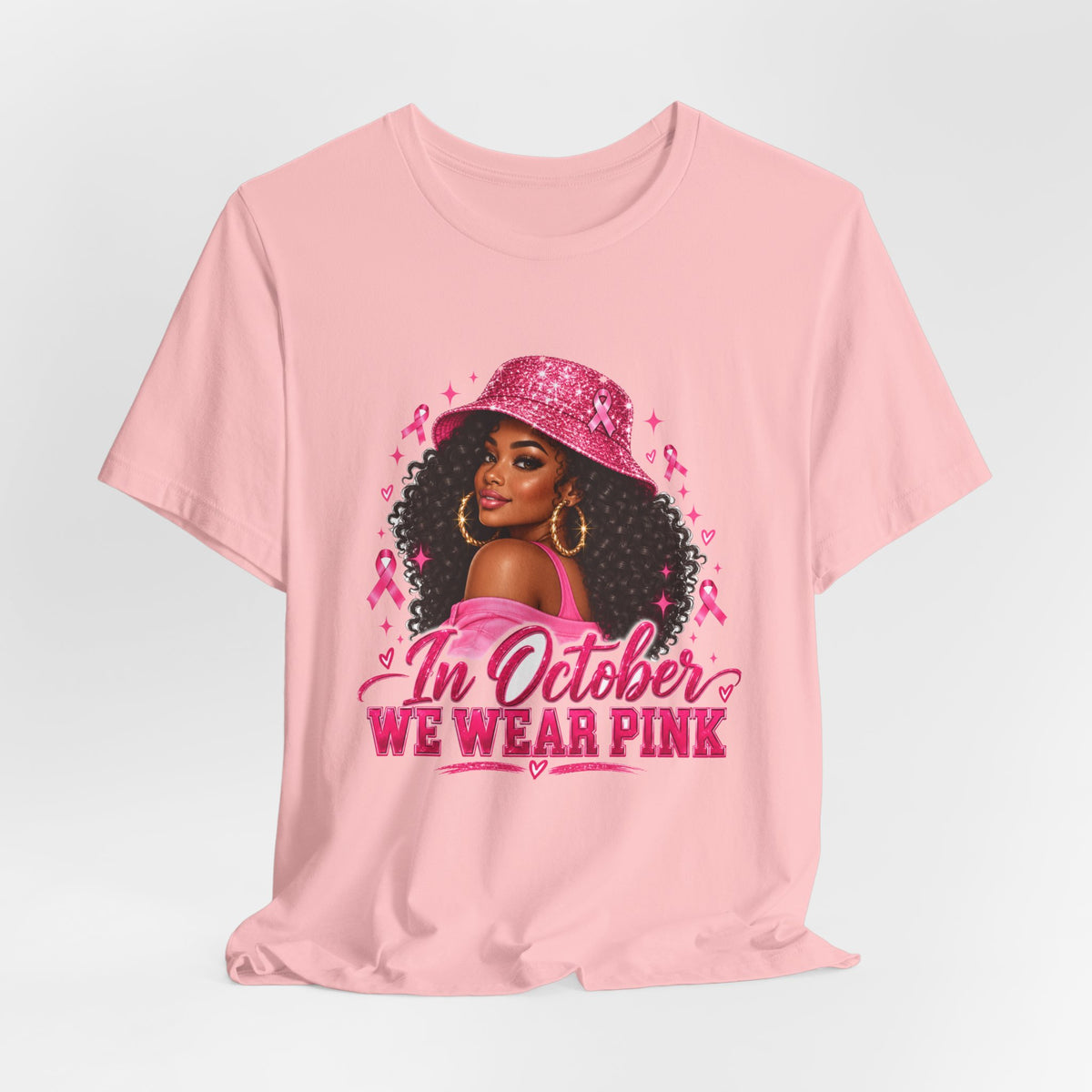 In October We Wear Pink Tee – Glam Pink Ribbon Breast Cancer Awareness Shirt