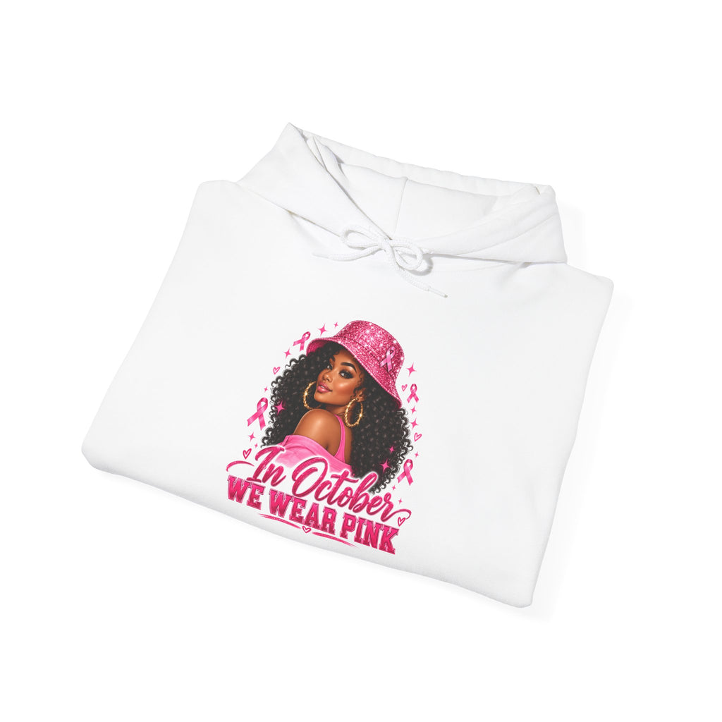 In October We Wear Pink Hoodie – Glam Pink Ribbon Breast Cancer Awareness Sweatshirt