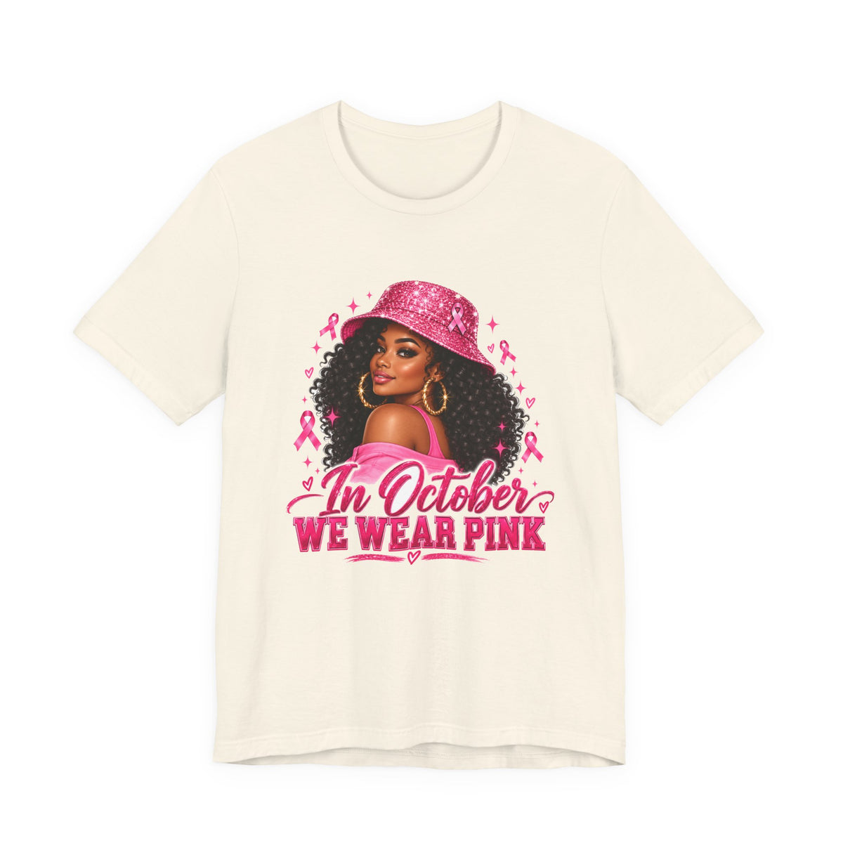 In October We Wear Pink Tee – Glam Pink Ribbon Breast Cancer Awareness Shirt