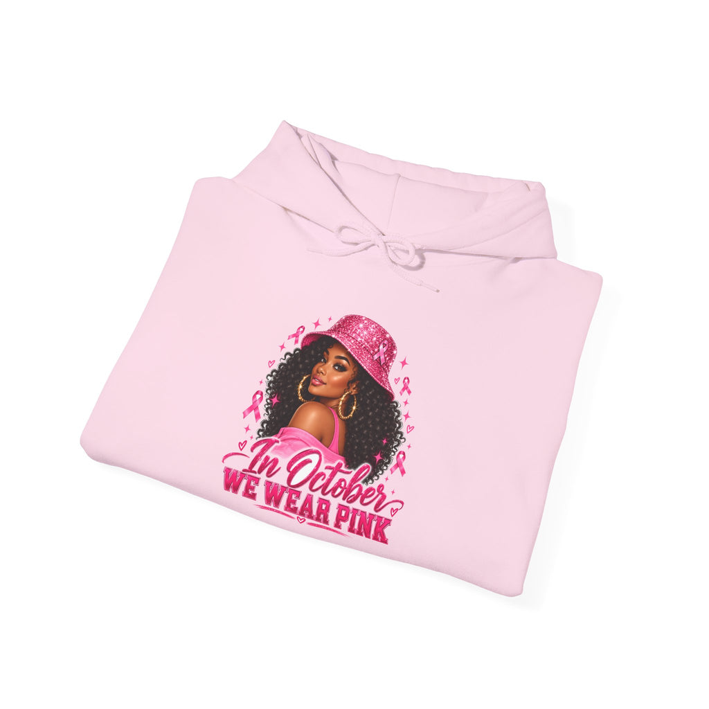 In October We Wear Pink Hoodie – Glam Pink Ribbon Breast Cancer Awareness Sweatshirt