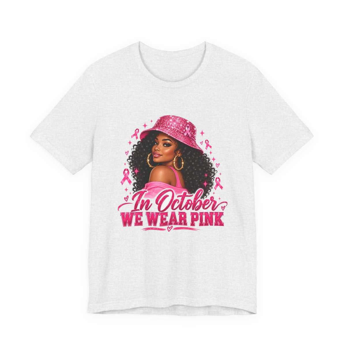 In October We Wear Pink Tee – Glam Pink Ribbon Breast Cancer Awareness Shirt