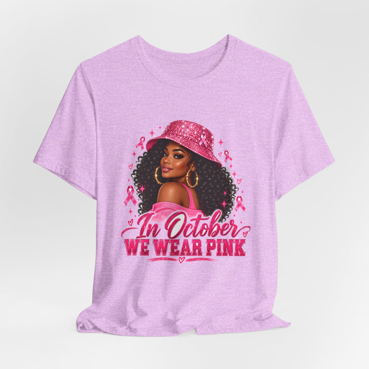 In October We Wear Pink Tee – Glam Pink Ribbon Breast Cancer Awareness Shirt