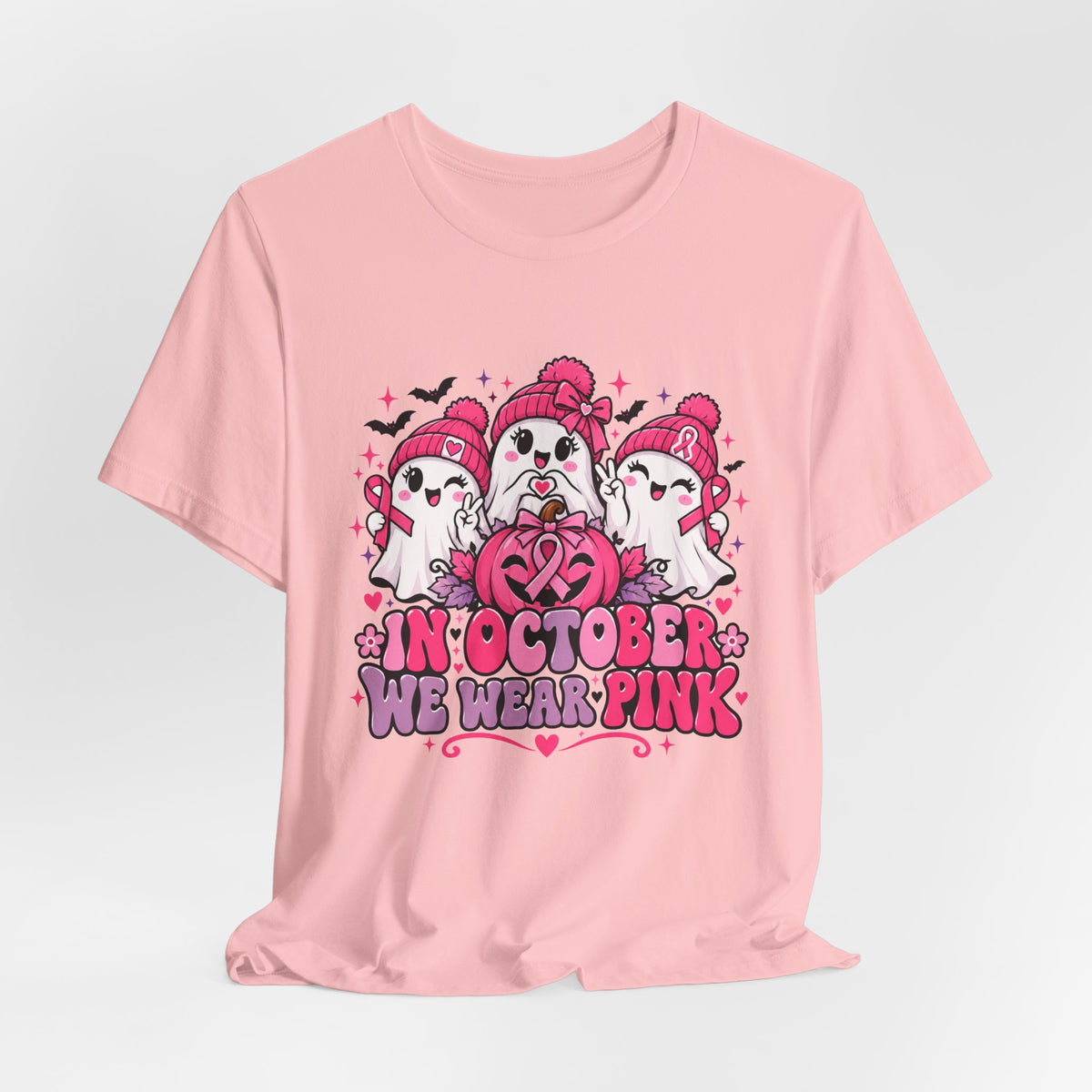 In October We Wear Pink Ghosts Tee – Cute Breast Cancer Awareness Halloween Shirt